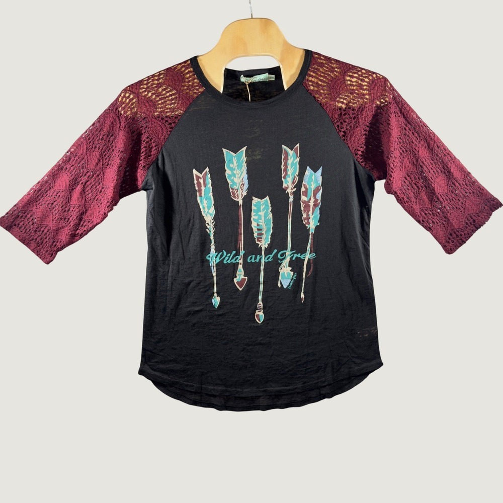 1693 | NWT Southern Grace Boho Arrow Lace Raglan Top Black Women 2XL